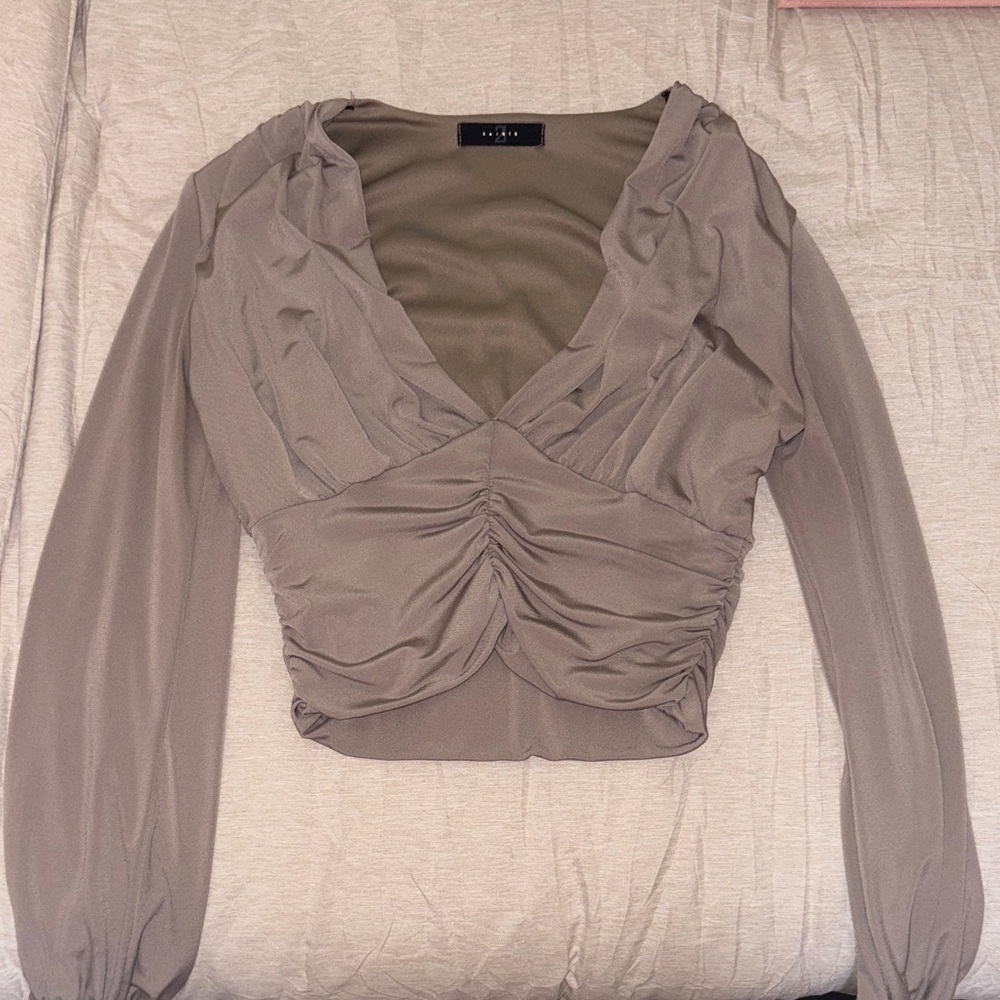 V Neck Ruched Blouse - Taupe